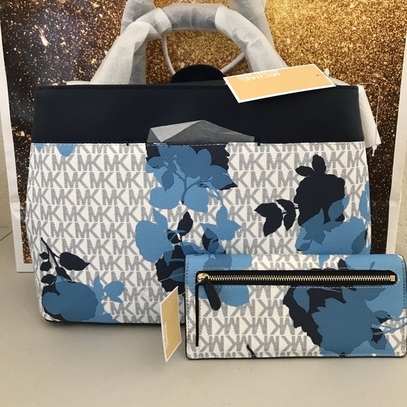 NWT MICHAEL KORS HAILEE MD NAVY FLORAL SATCHEL SET - Picture 6 of 8